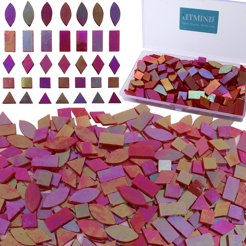 LITMIND Iridescent Glass Mosaic Tiles for Crafts, 240 Pieces 5 Shapes Mixed Red Stained Glass Pieces, Mosaic Kits for Adults (Iridescent Red) - Image 1